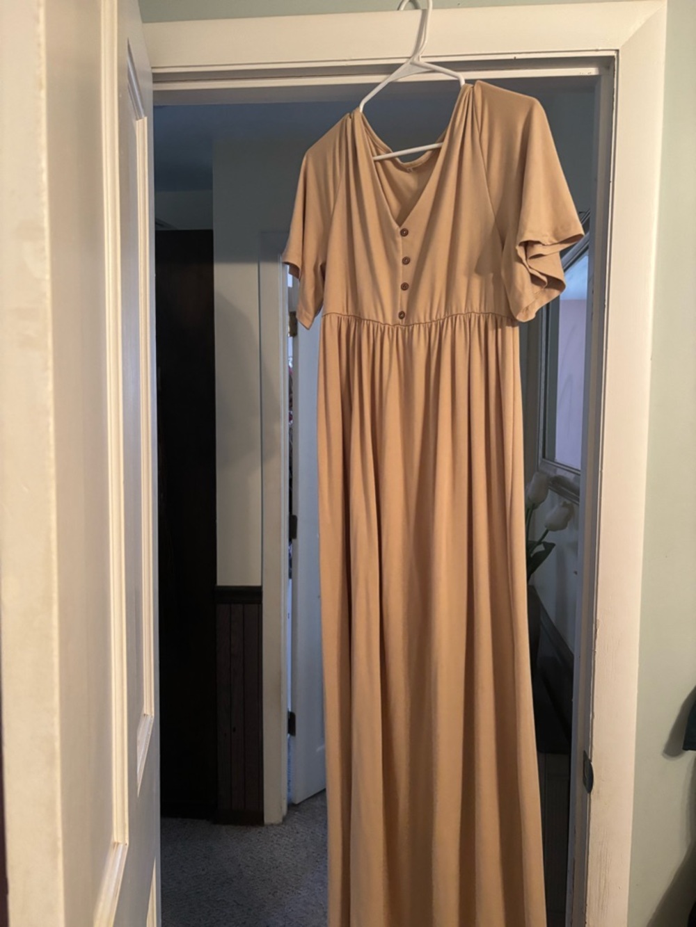 Women's Tan V-Neck Maxi Dress with Button Detail